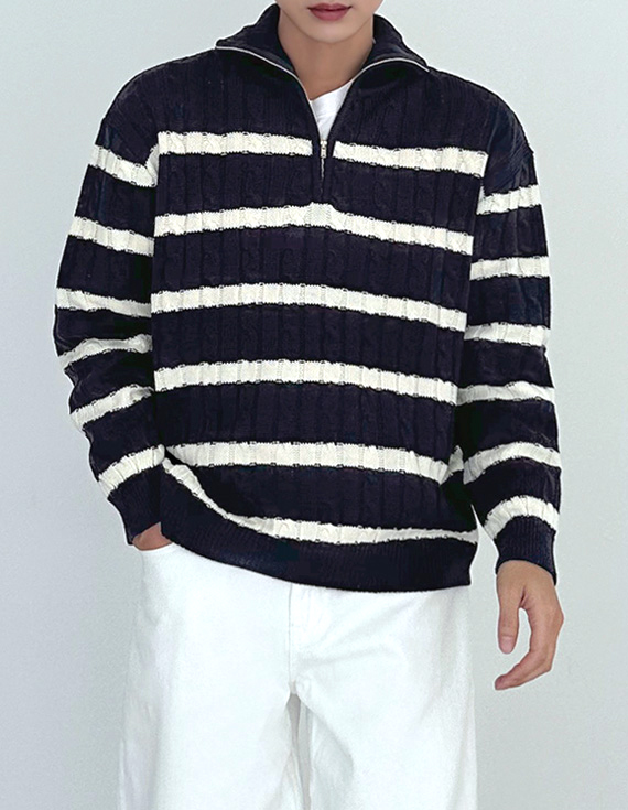 半領條紋拉鍊針織衫 30988