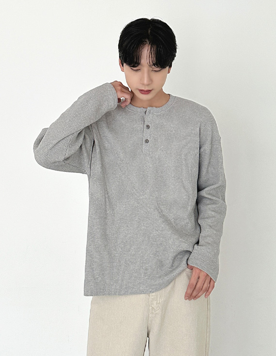 倫敦華夫格紋亨利領長袖T卹 31156