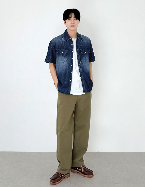 山羊皮水洗牛仔短袖襯衫 31204